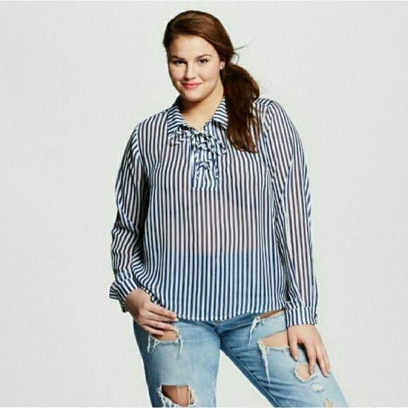 Lily Star Tops - Sheer Stripe Collared Shirt with Tie Neck